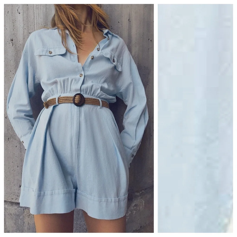 NWT. Zara Light Blue Linen Blend Belted Short Jumpsuit. Size XS.